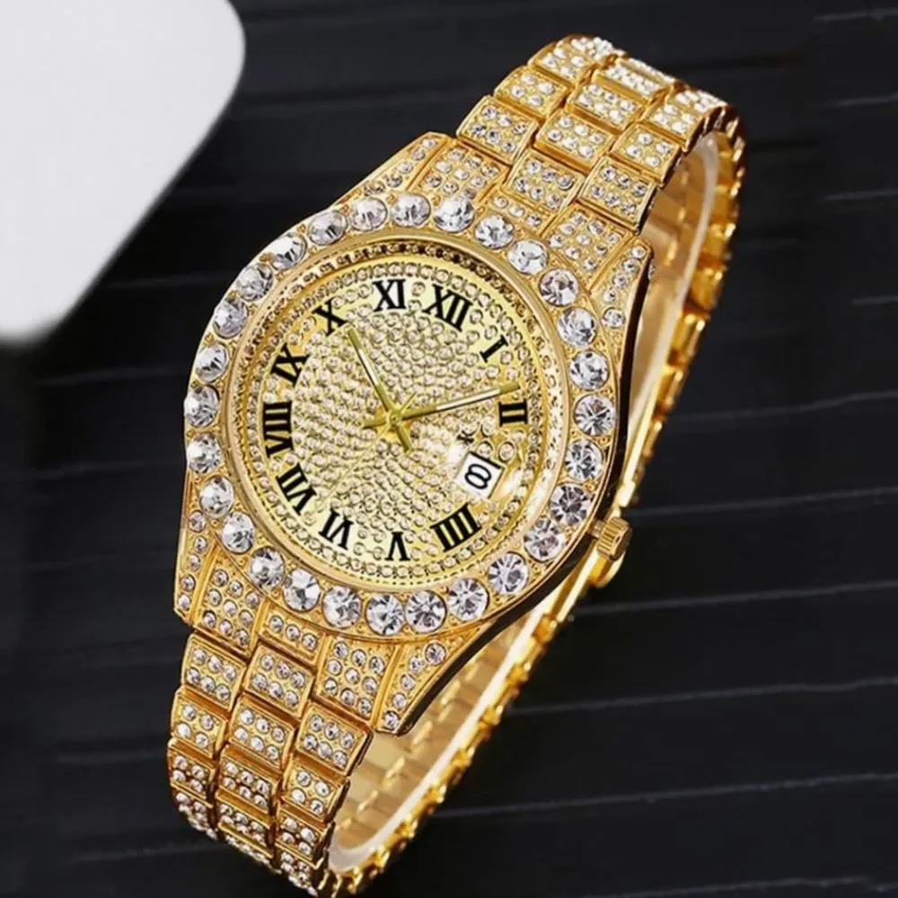 VVS Bustdown Iced Out Unisex Gold Steel Luxury Simulated Diamond Watch Hip Hop